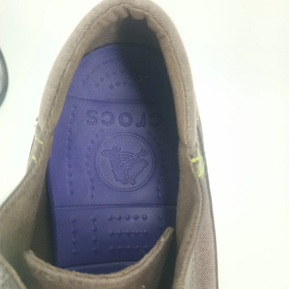 Crocs Mens Walu Boat Shoes Brown Canvas Loafers Lime Green Sole Size 12 M